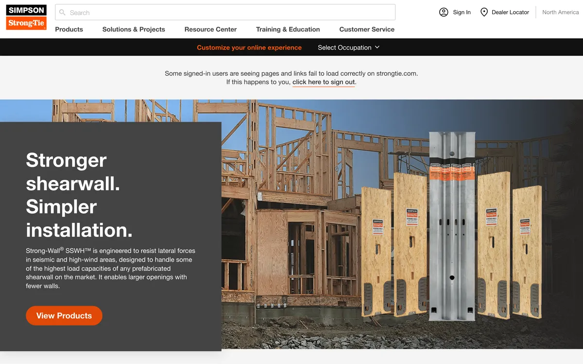 The live strongtie.com homepage hero — "Stronger shearwall. Simpler installation."