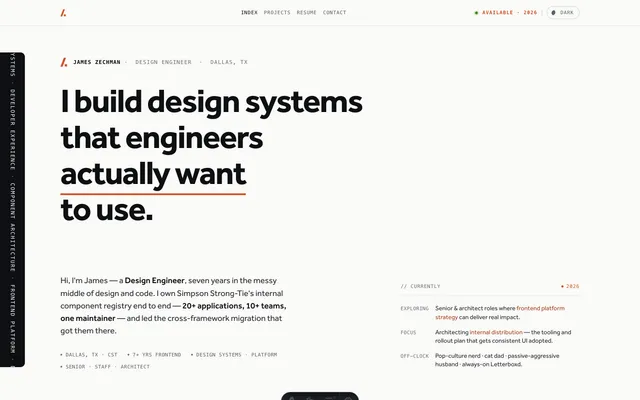 The zechman.dev v2 homepage — "I build design systems that engineers actually want to use."