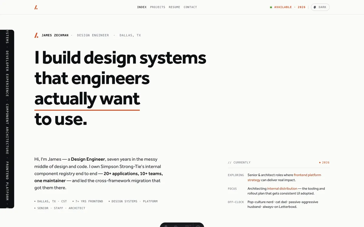 The zechman.dev v2 homepage — "I build design systems that engineers actually want to use."
